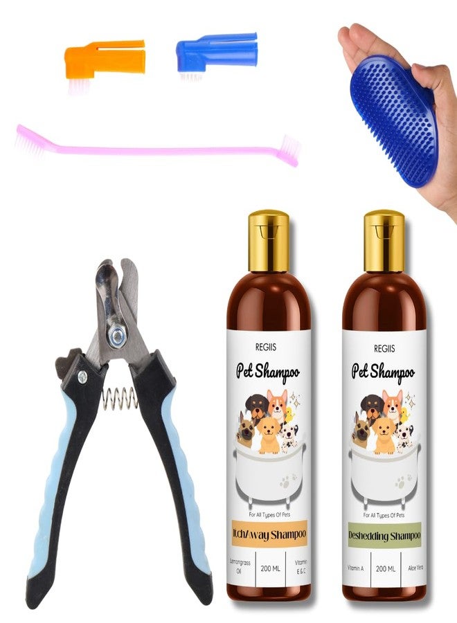 مجموعة العناية بالحيوانات الأليفة مع مقص أظافر للكلاب وفرشاة ومجموعة شامبو لإزالة الشعر الزائد، 200 مل (عبوة من 5 قطع) - Image 1